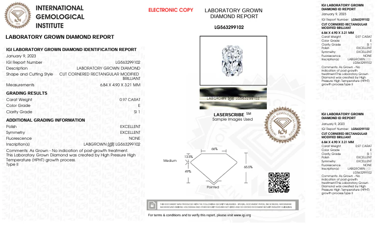 0.97 Carat Radiant Lab Grown Diamond, SI1/E - Image 2