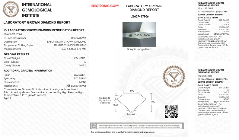 0.99 Carat Cushion Lab Grown Diamond, VVS2/D - Image 2
