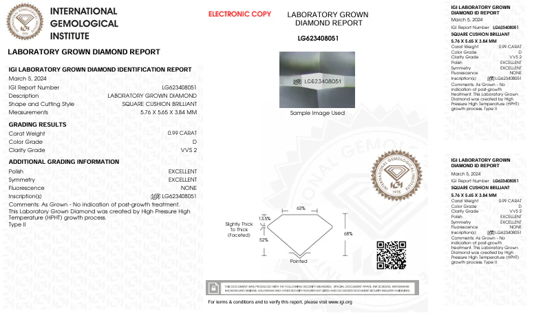 0.99 Carat Cushion Lab Grown Diamond, VVS2/D - Image 2