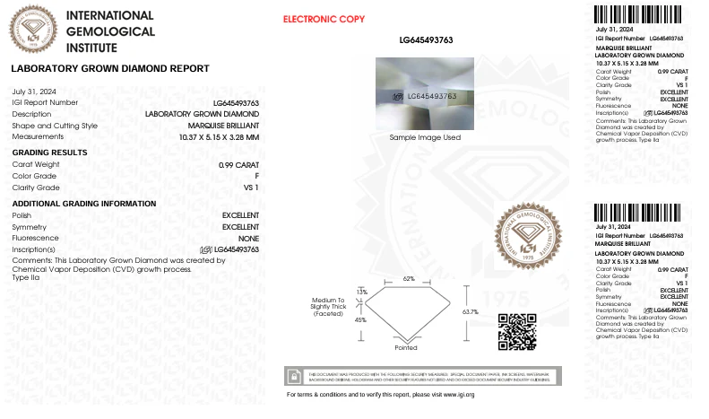 0.99 Carat Marquise Lab Grown Diamond, VS1/F - Image 2