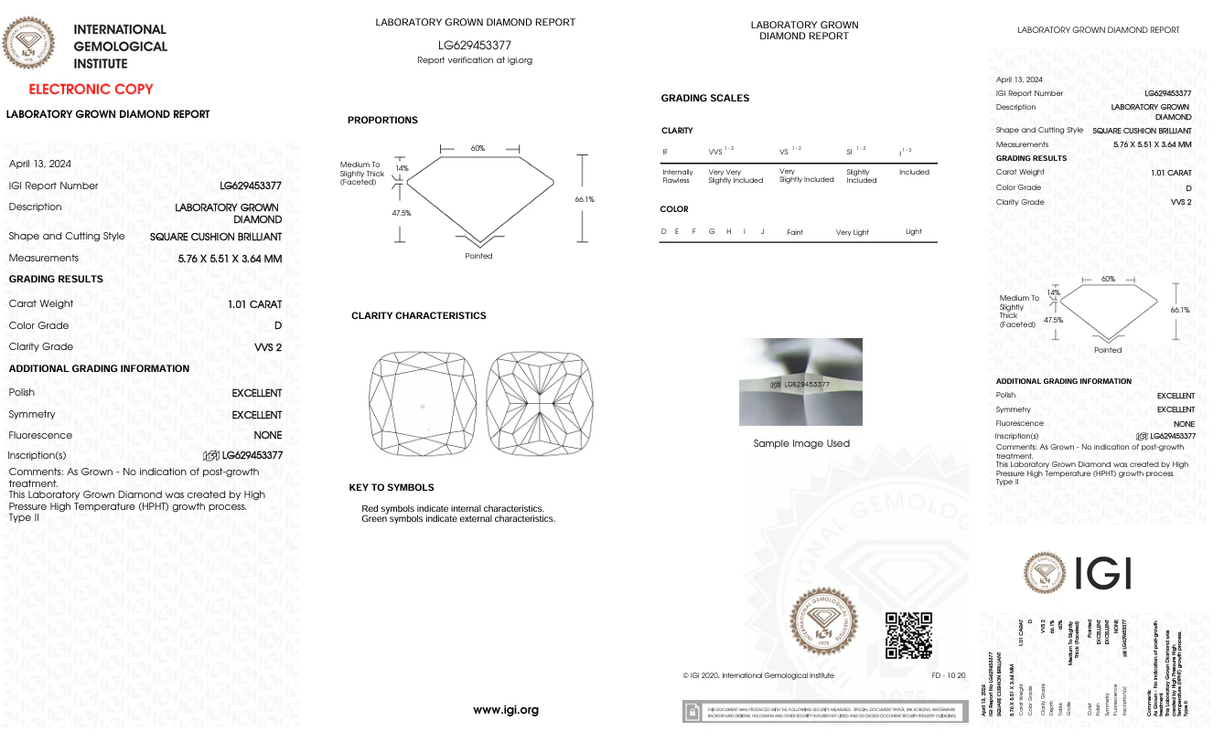 1.01 Carat Cushion Lab Grown Diamond, VVS2/D - Image 2