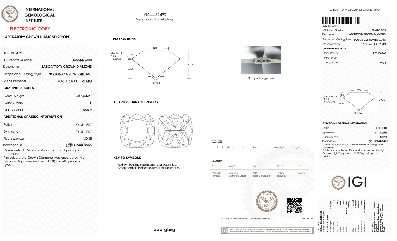1.01 Carat Cushion Lab Grown Diamond, VVS2/E - Image 2