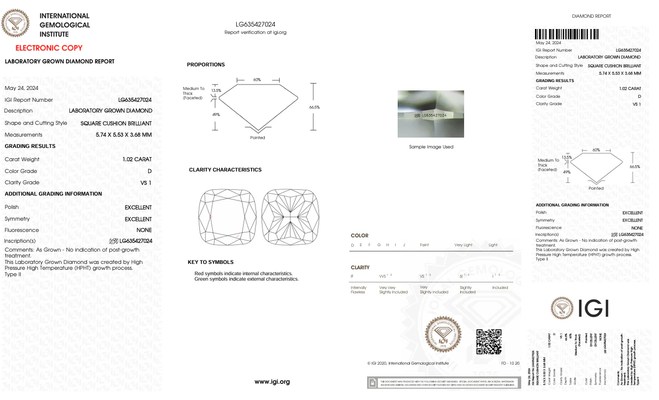 1.02 Carat Cushion Lab Grown Diamond, VS1/D - Image 2
