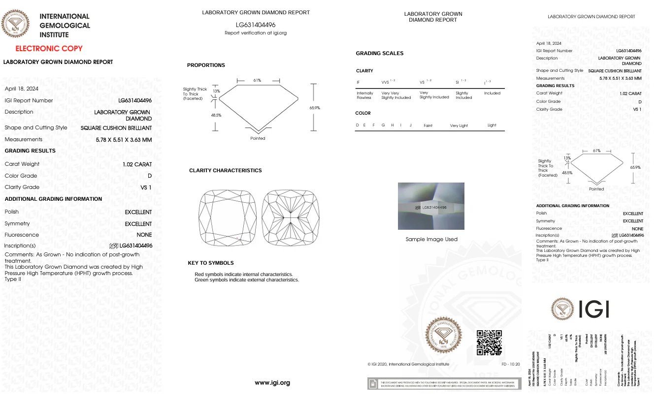 1.02 Carat Cushion Lab Grown Diamond, VS1/D - Image 2