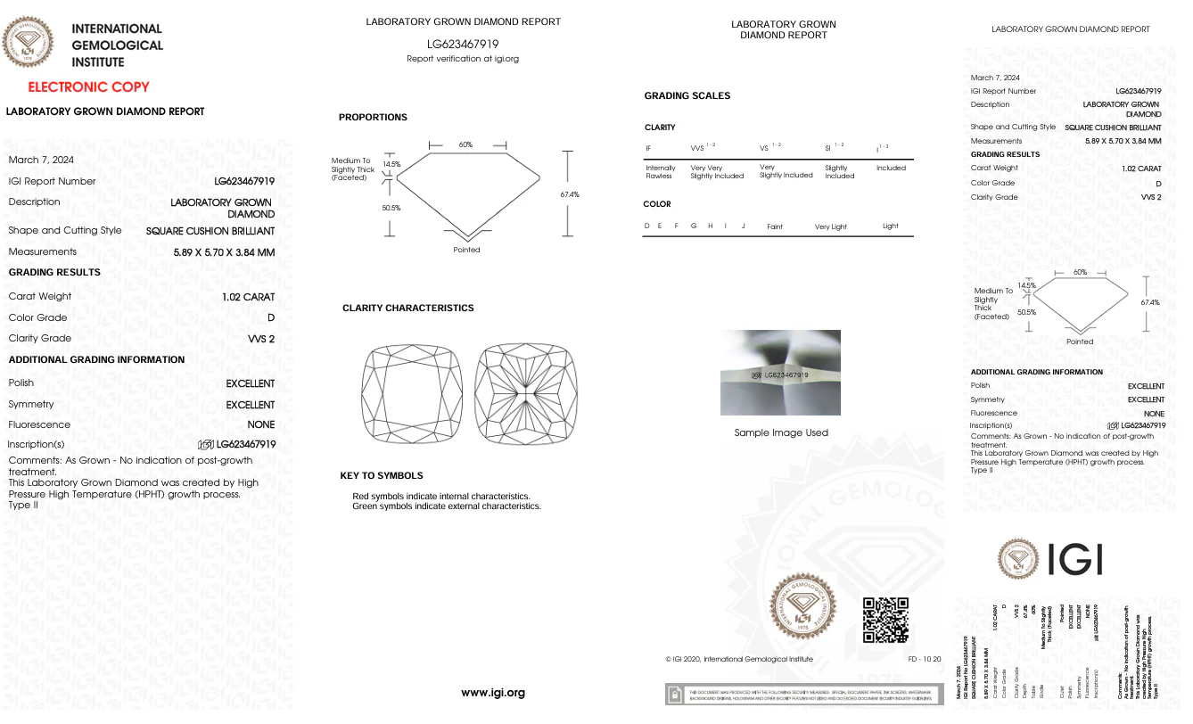 1.02 Carat Cushion Lab Grown Diamond, VVS2/D - Image 2
