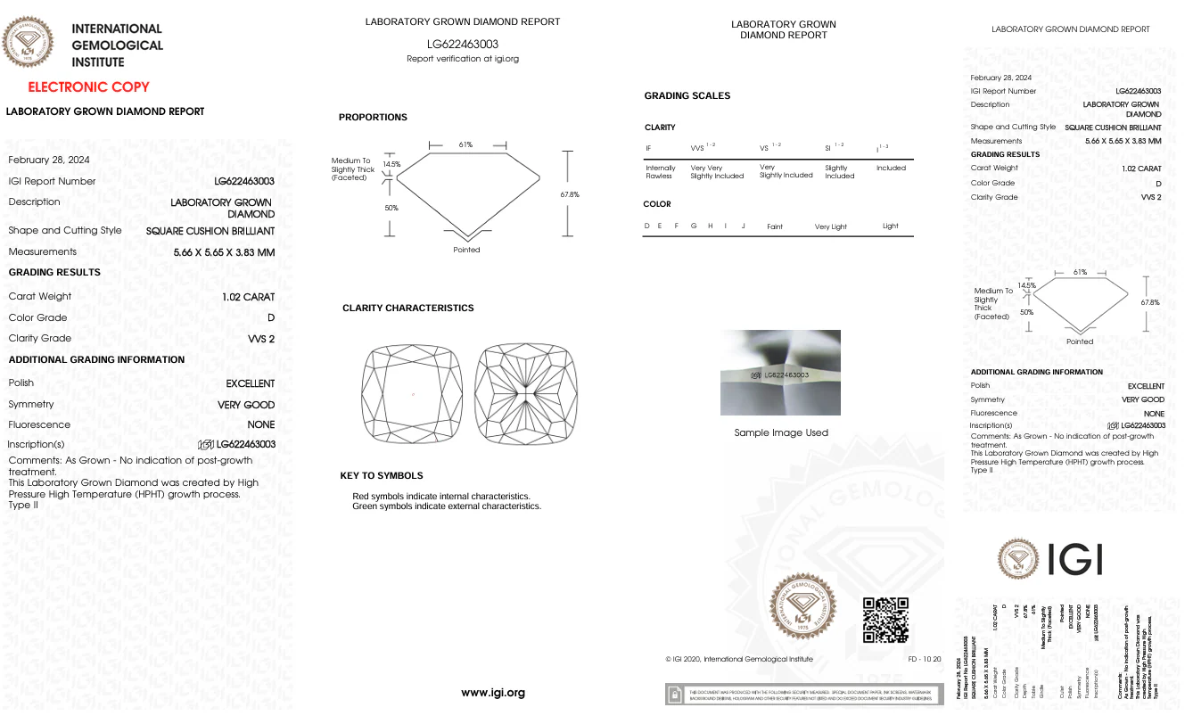1.02 Carat Cushion Lab Grown Diamond, VVS2/D - Image 2