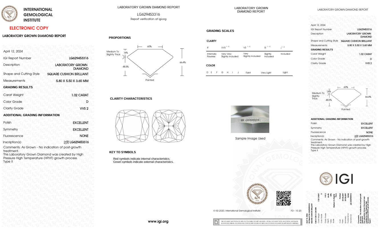 1.02 Carat Cushion Lab Grown Diamond, VVS2/D - Image 2