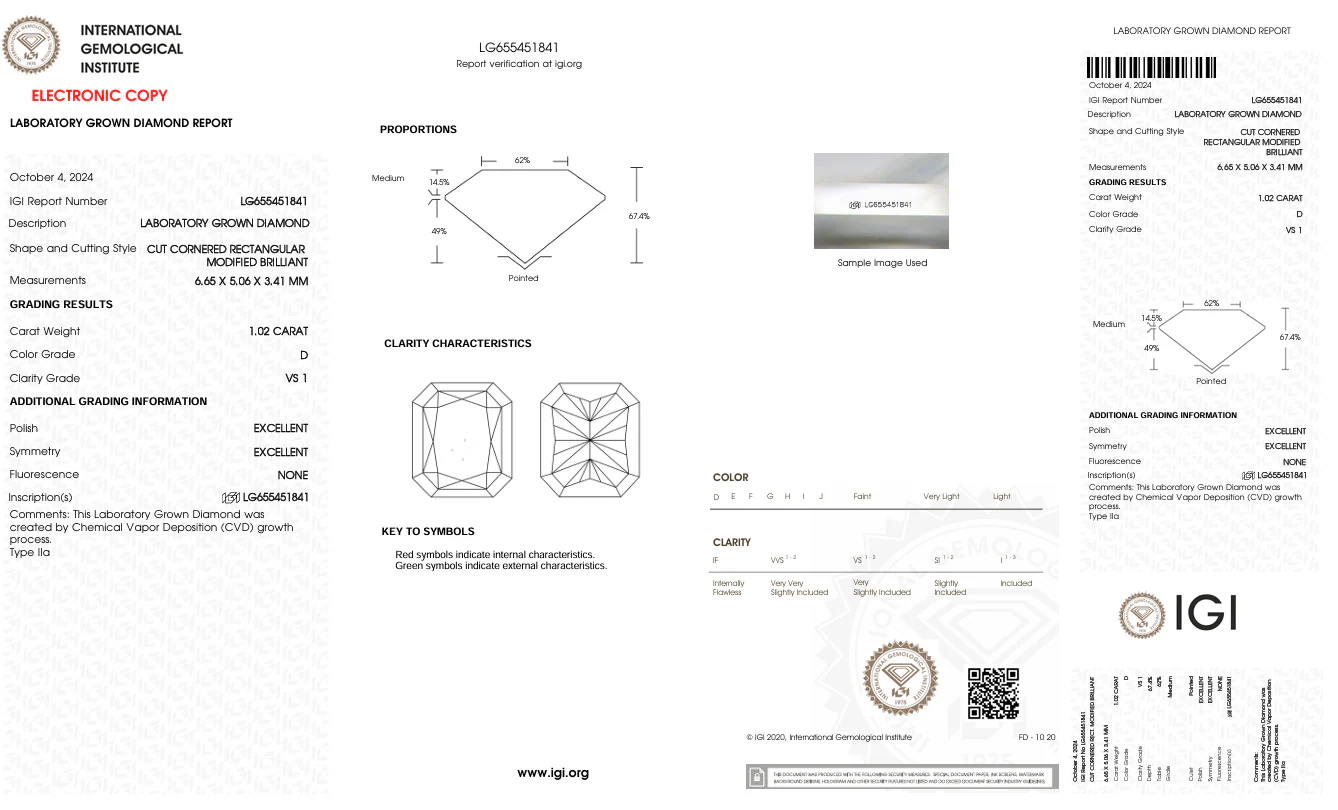 1.02 Carat Radiant  Lab Grown Diamond, VS1/D - Image 2