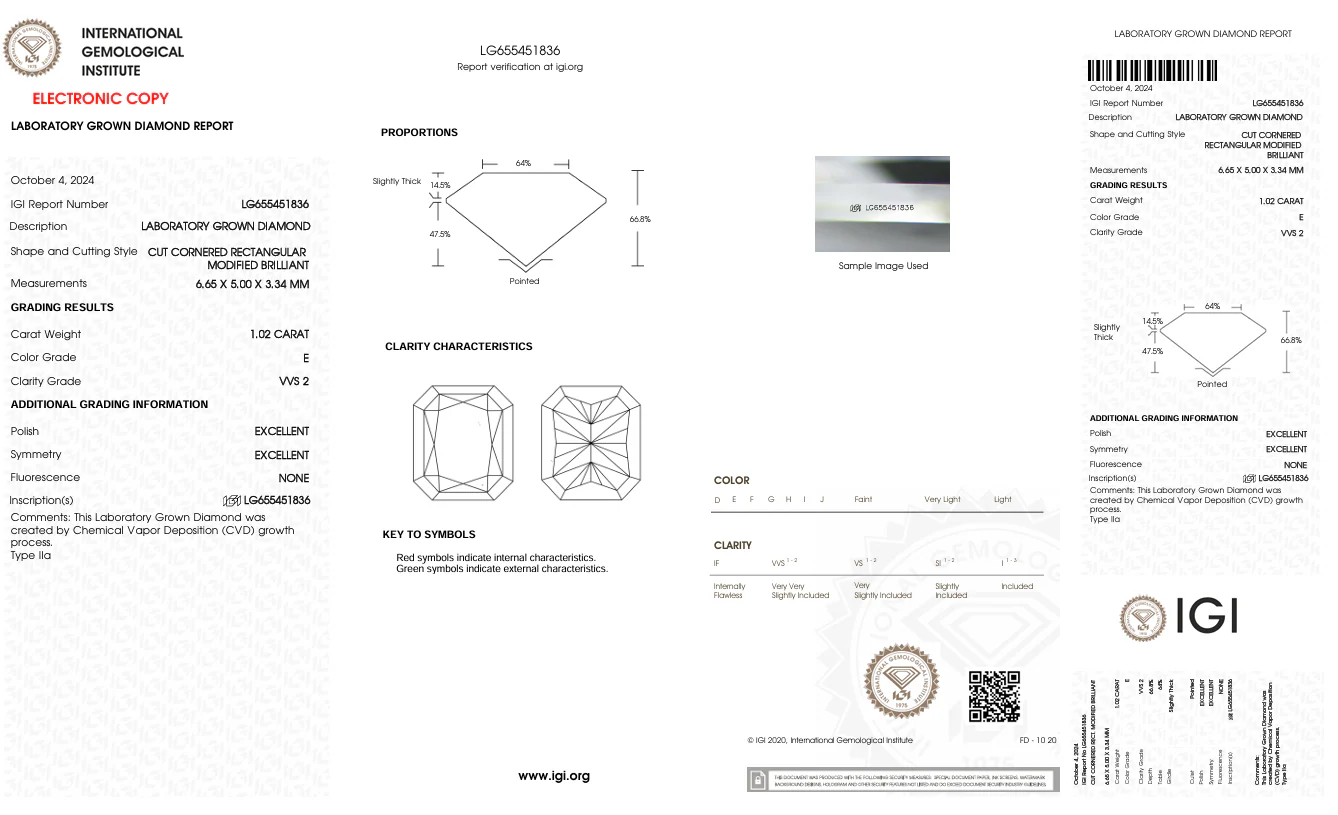 1.02 Carat VVS2 Radiant Lab Grown Diamond, VVS2/E - Image 2