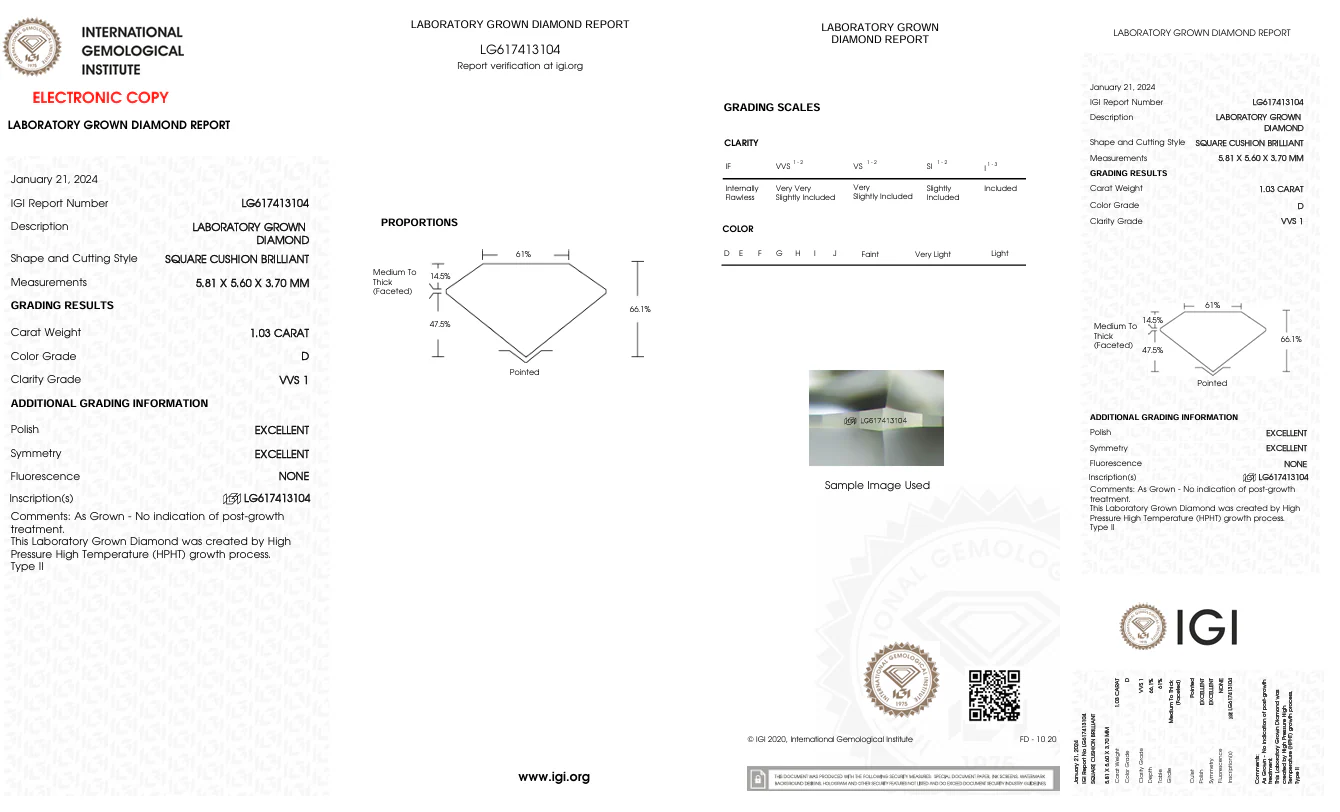 1.03 Carat Cushion Lab Grown Diamond, VVS1/D - Image 2