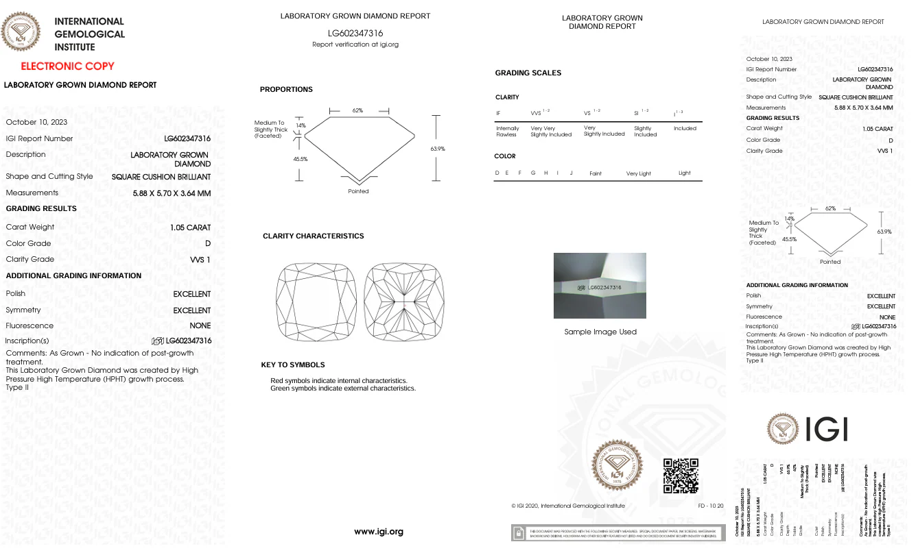 1.05 Carat Cushion Lab Grown Diamond, VVS1/D - Image 2