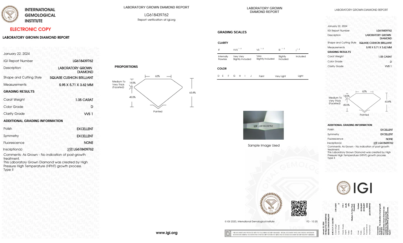 1.05 Carat Cushion Lab Grown Diamond, VVS1/D - Image 2
