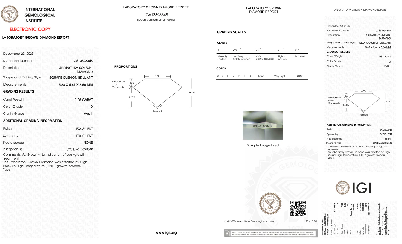 1.06 Carat Cushion Lab Grown Diamond, VVS1/D - Image 2