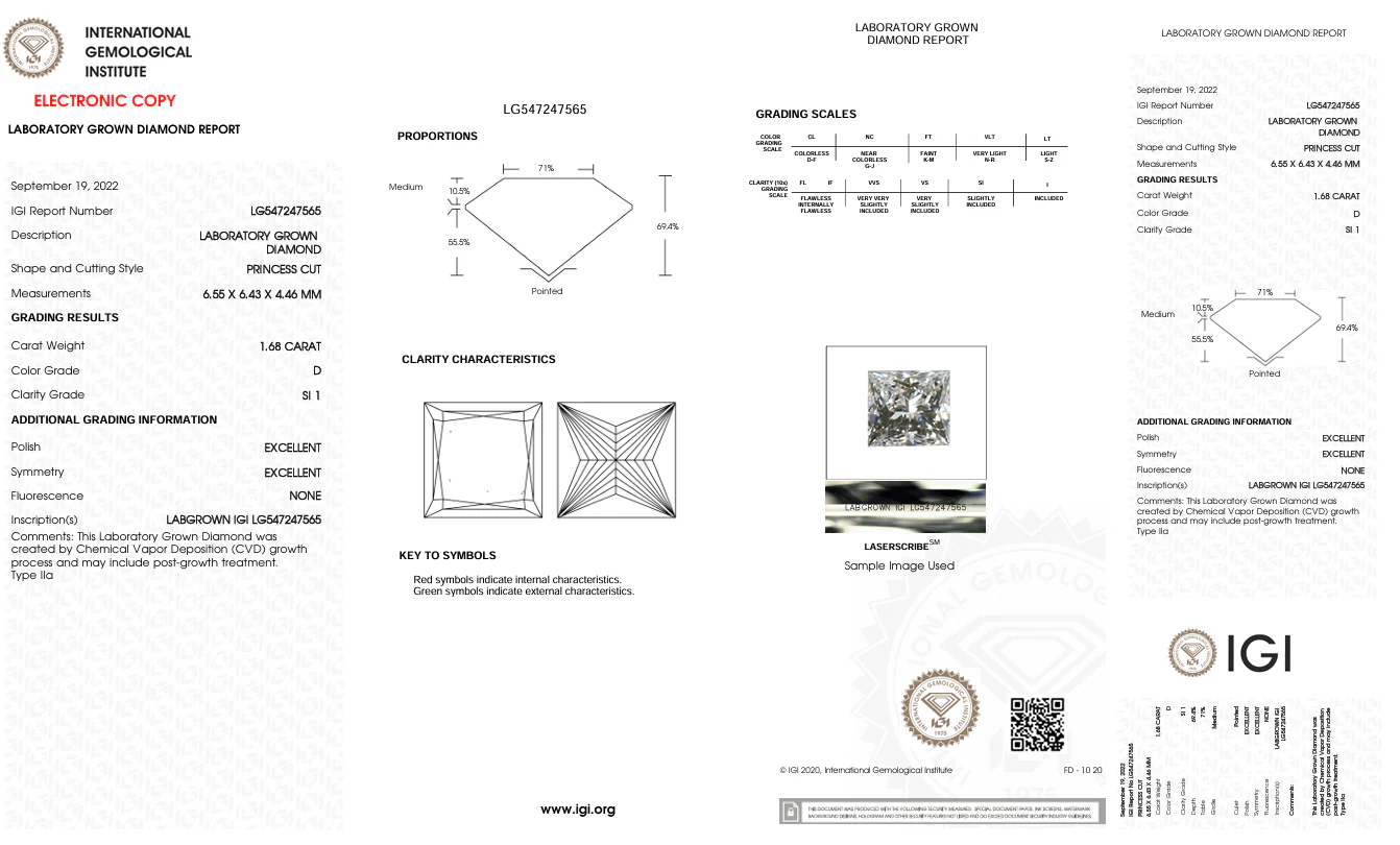 1.68 Carat Princess Lab Grown Diamond, S11/D - Image 2