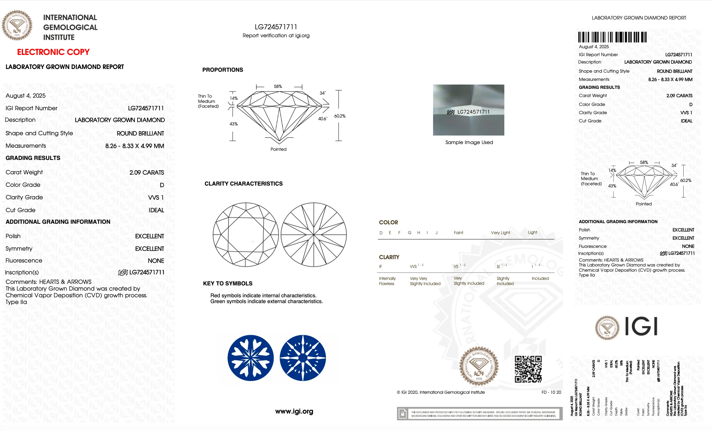 2.09 Carat Round Lab Grown Diamond, D Color, VVS1 Clarity, IGI Certified - Image 2