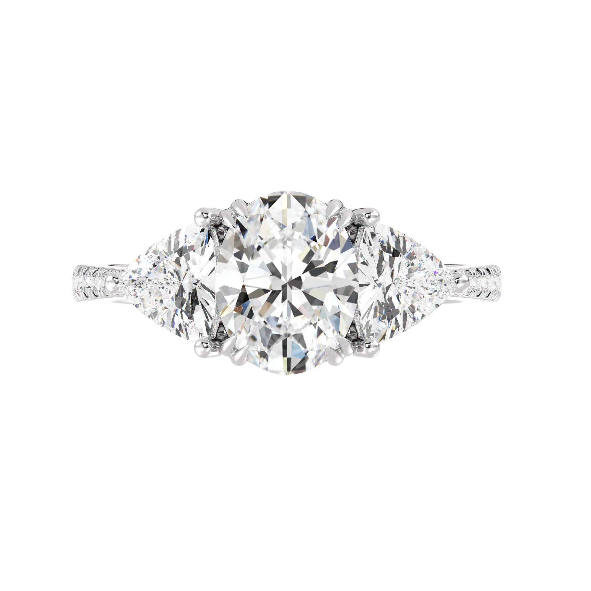 2 Carat Oval Cut Lab Grown Diamond Engagement Ring with Triangle Side Stones in 18K Gold - Image 4