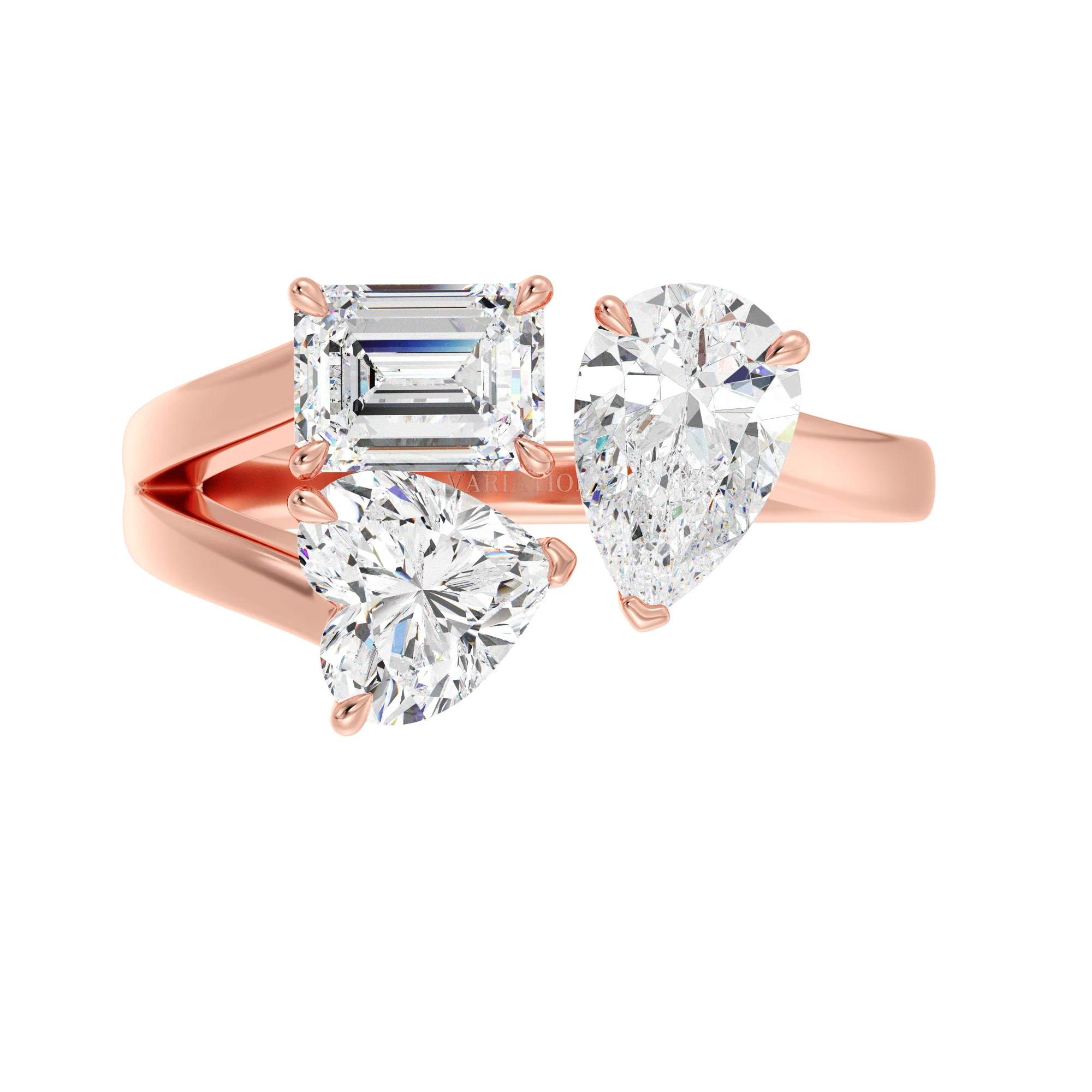 Heart, Pear and Emerald Cut Lab Grown Diamond Three-Stone Ring in 18K Gold - Image 6