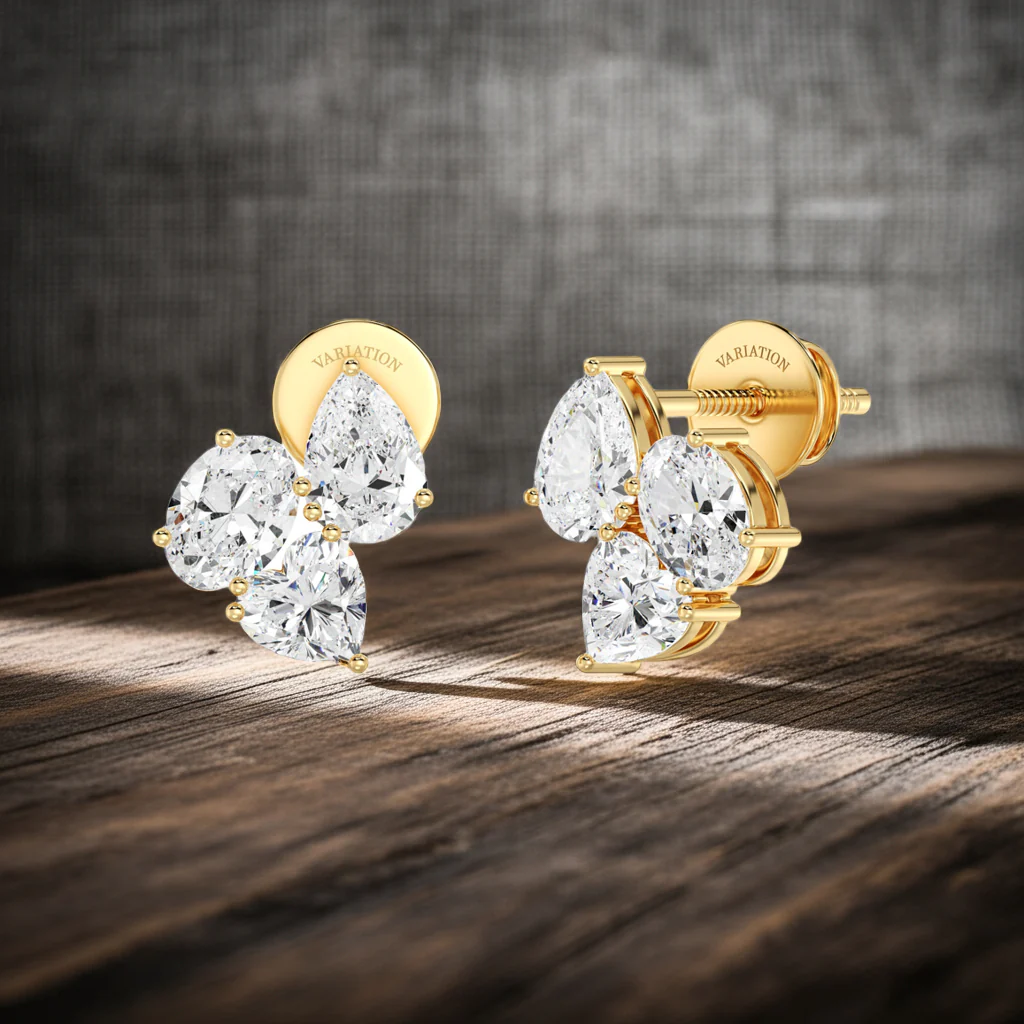 Heart, Pear & Oval Cut Lab Grown Diamond Flower Stud Earrings in 18K Gold - Image 2