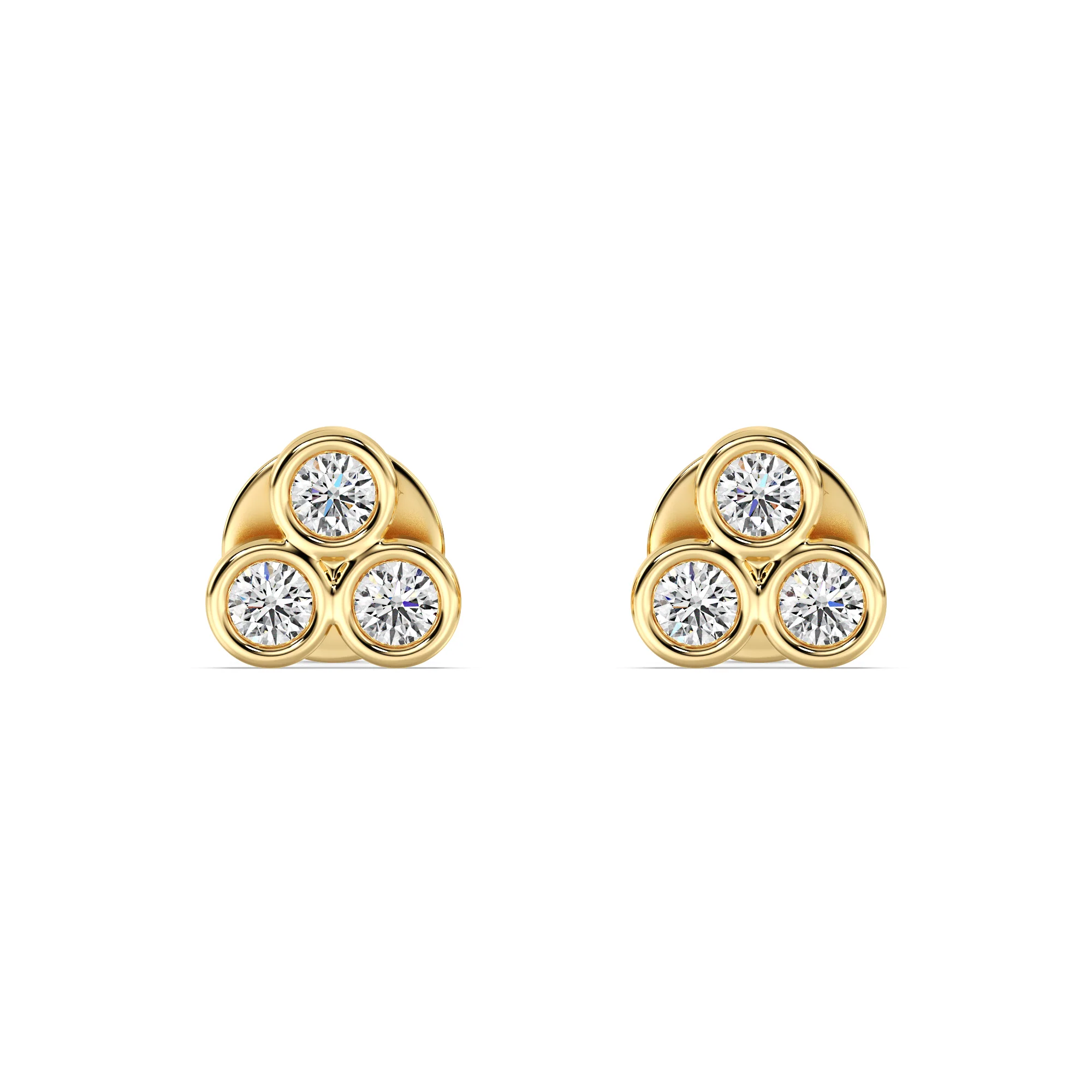 Round Cut Lab Grown Diamond Three Stone Bezel Stud Earrings in 18K Gold - Image 2
